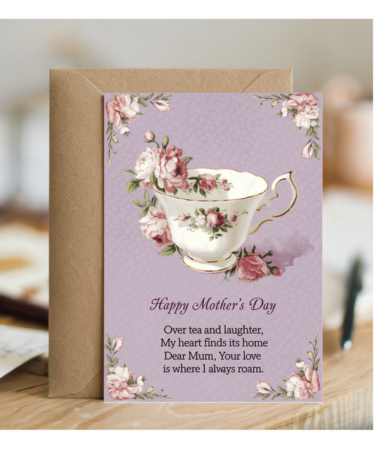 Mothers Day Card Happy Mum Love Tea Traditional poem