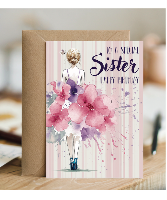 to a special sister happy birthday water coloured flower dress