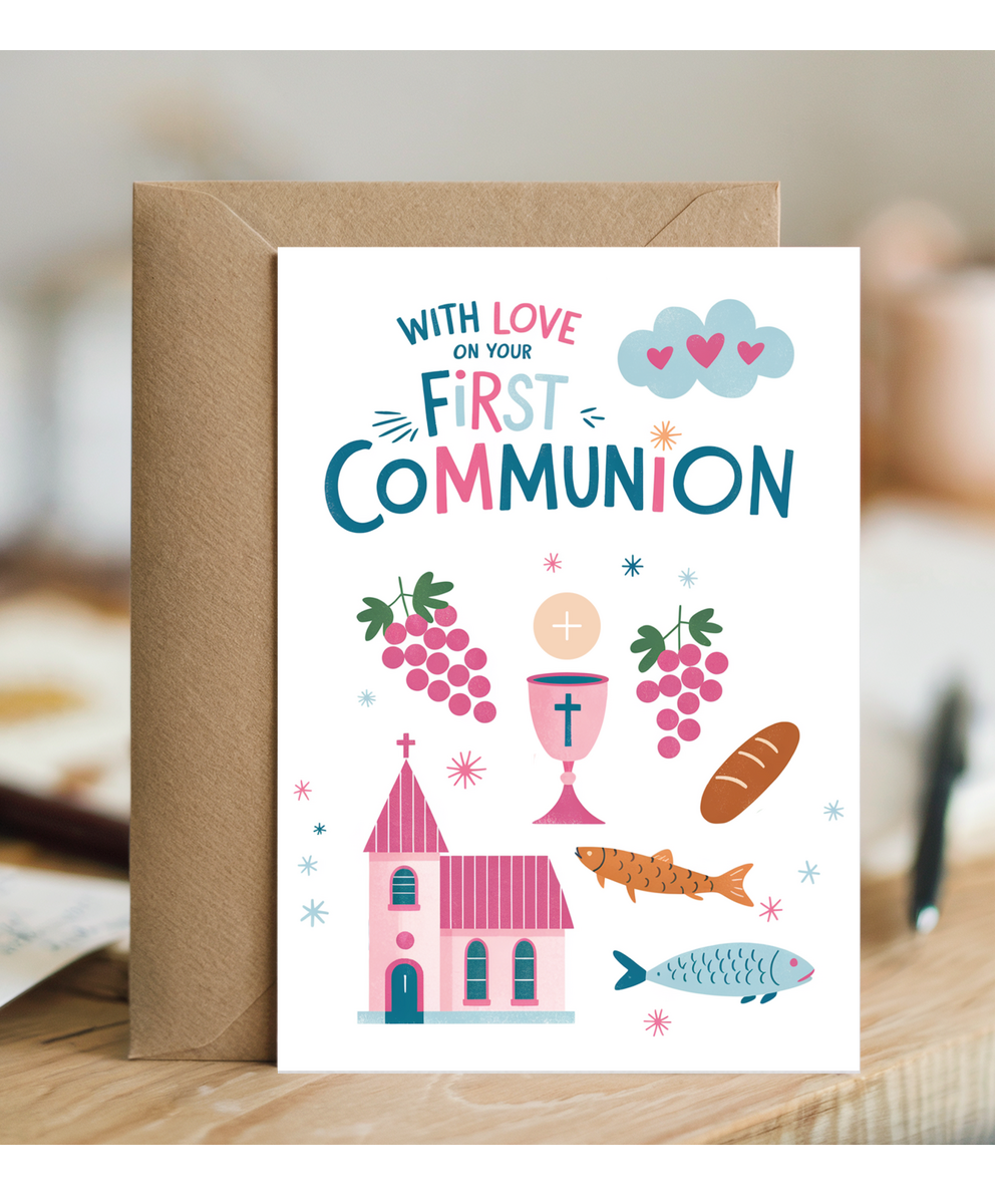 Childrens First Holy Communion Card with Illustrations