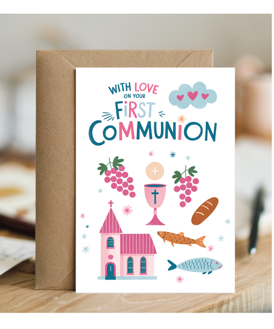 Childrens First Holy Communion Card with Illustrations