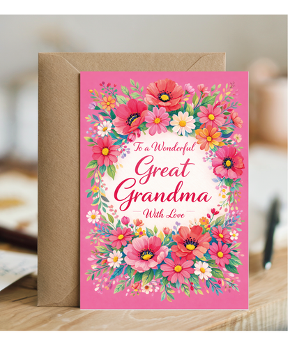 Great Grandma Birthday Card With Love and Bright Floral Wreath