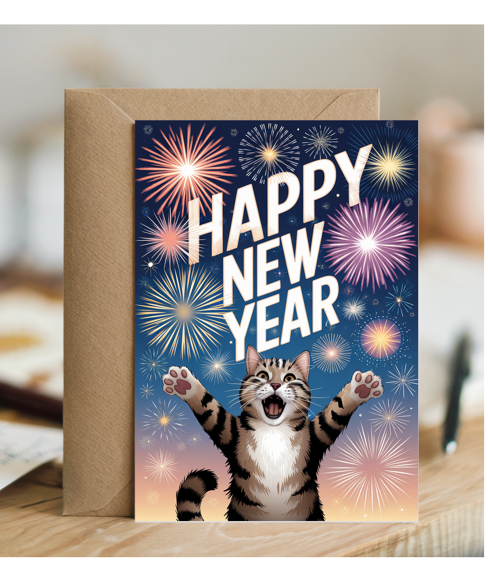 Happy New Year - Cat with Fireworks