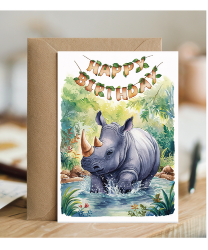 Happy Birthday cute rhinoceros watercolour