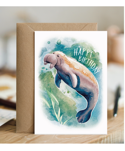 Happy Birthday cute dugong watercolour