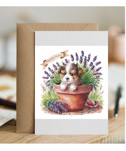 Happy Birthday cute dog plant pot lavender watercolour