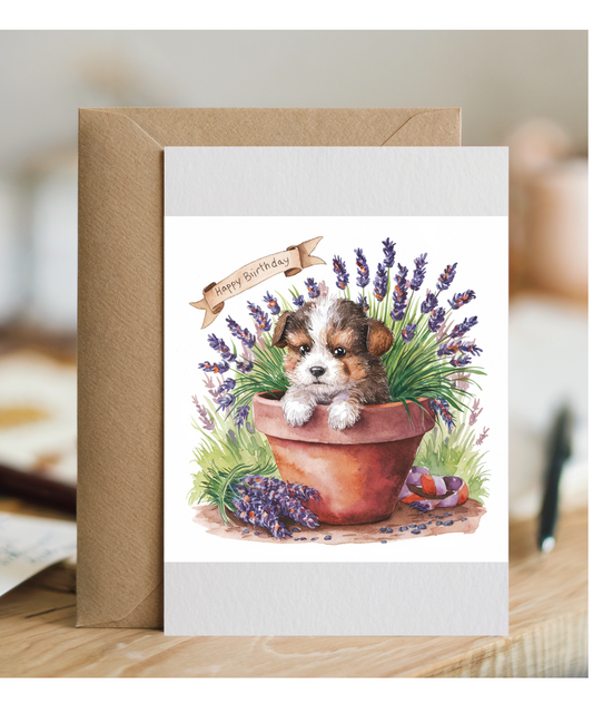 Happy Birthday cute dog plant pot lavender watercolour