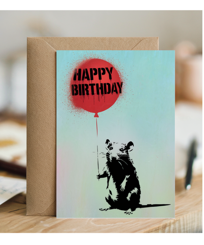 Happy Birthday Card Rat stencil red balloon