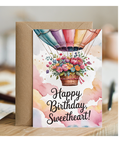 Happy Birthday card sweetheart hot air balloon bouquet