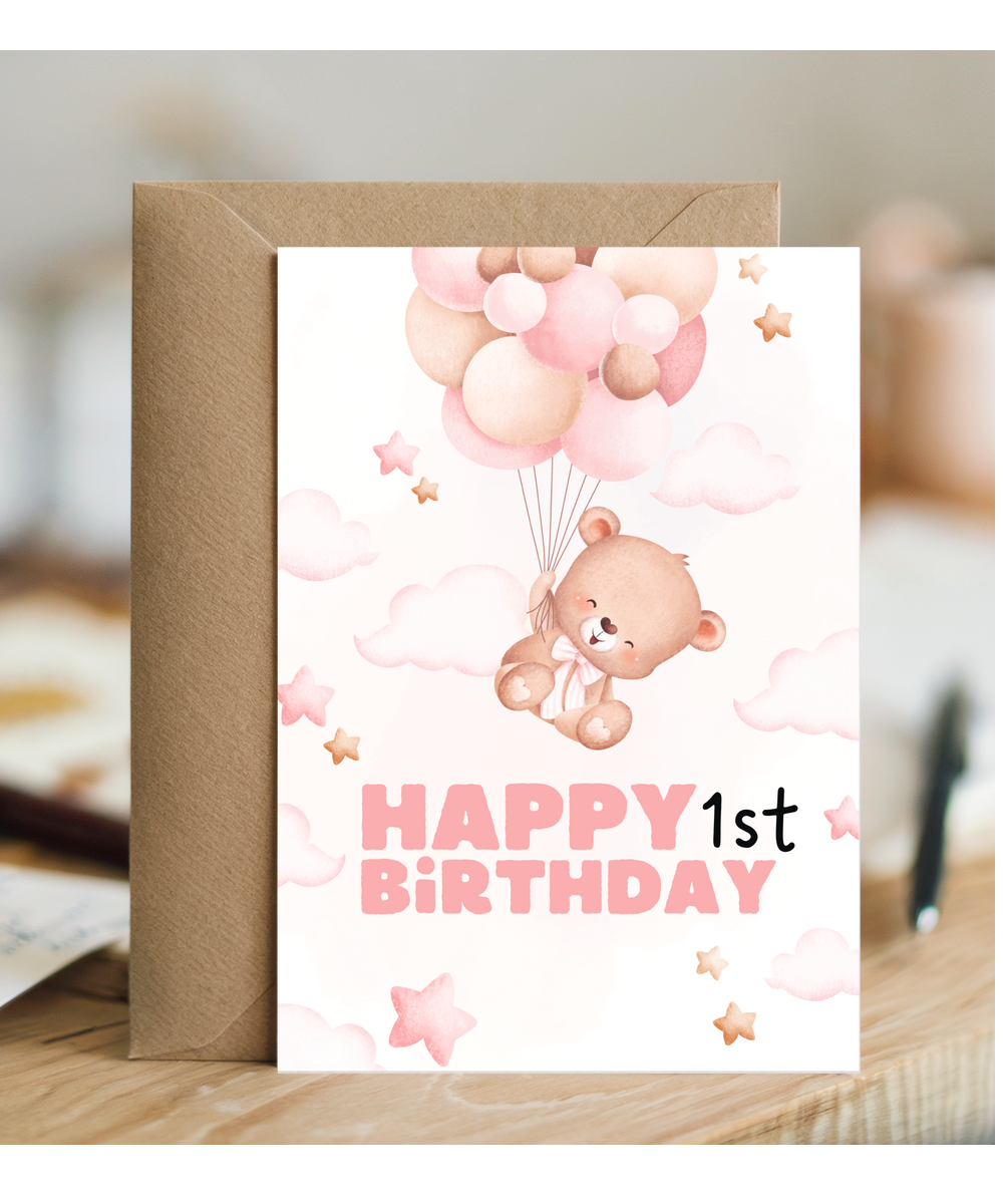 happy first birthday card pink balloons teddy bear
