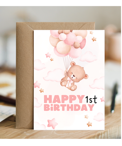 happy first birthday card pink balloons teddy bear