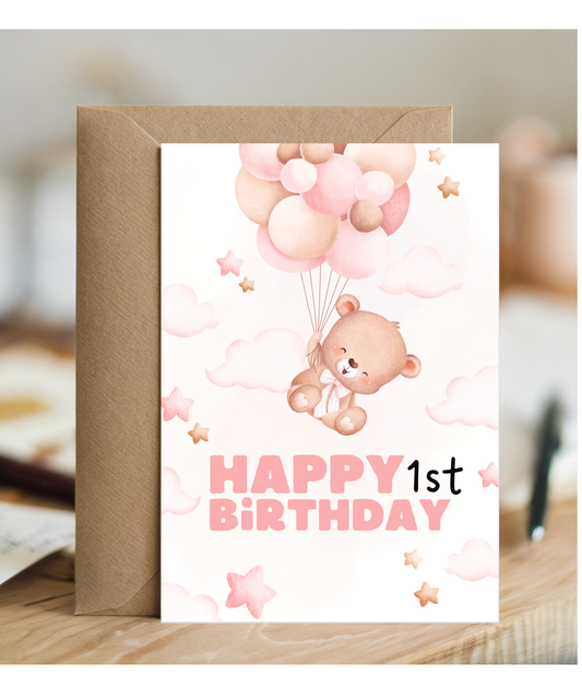 happy first birthday card pink balloons teddy bear