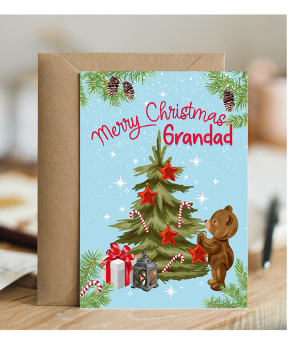 Merry Christmas Card for Grandad from Baby Bear Christmas Tree Decorating