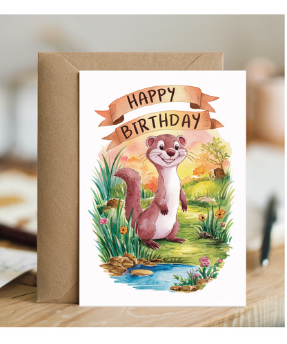 Happy Birthday cute weasel watercolour