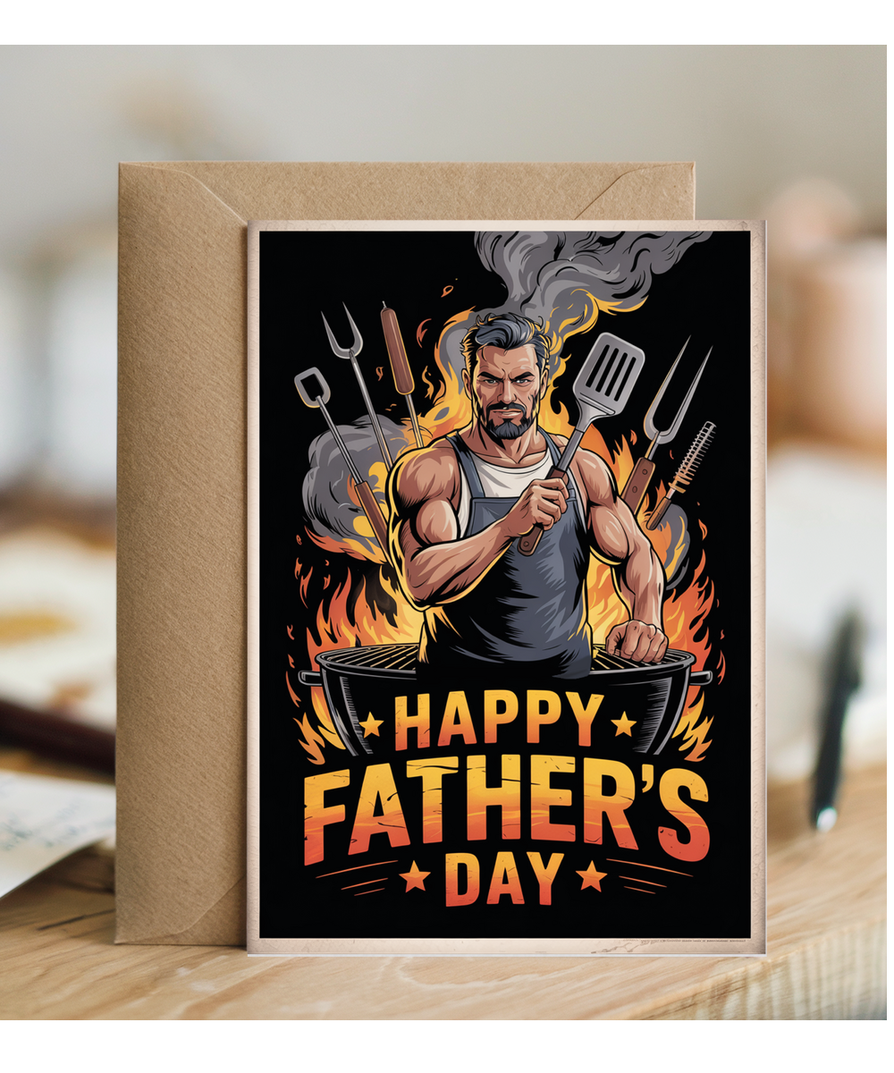 Funny Fathers Day Card Big Muscly Super Chad Dad at the BBQ