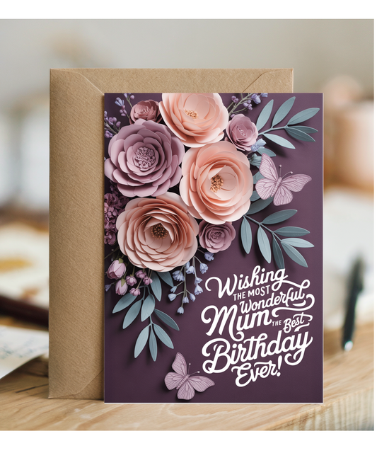 3D effect flowers and butterfly wishing the most wonderful mum the best birthday ever