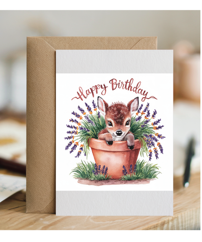 Happy Birthday cute baby deer, calf, fawn plant pot lavender watercolour