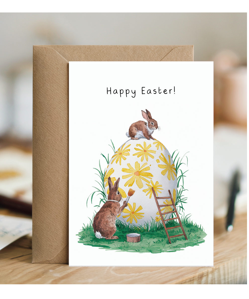 A Bunny Easter Card with Little Rabbits and Painted Eggs