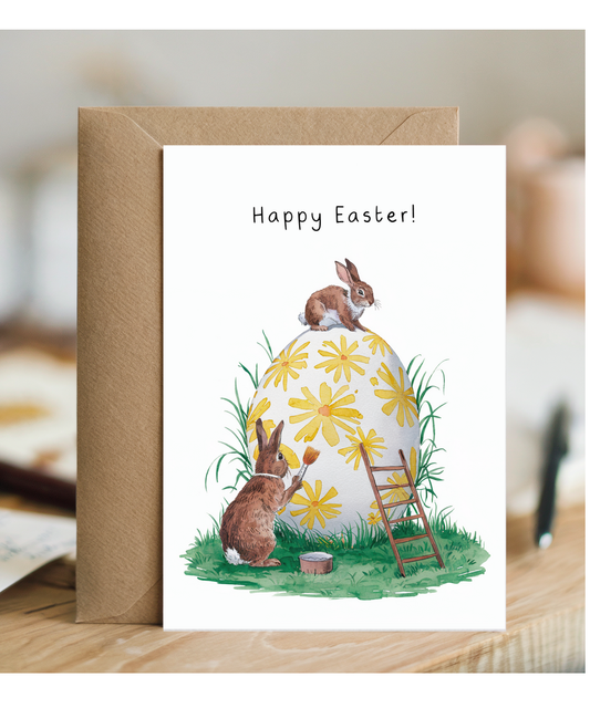 A Bunny Easter Card with Little Rabbits and Painted Eggs
