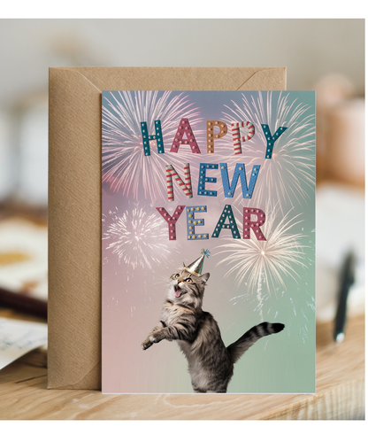 Happy New Year with Cat with Fireworks