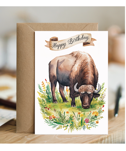 Happy Birthday cute buffalo watercolour