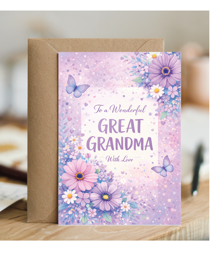 Grandma Birthday Card To a Wonderful Great Grandma With Love Violet Butterflies