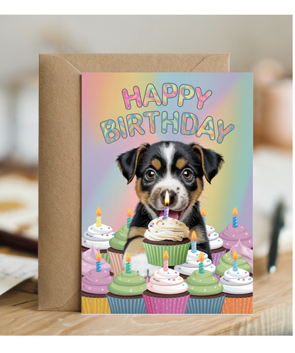 Happy Birthday - Puppy with a Cupcake