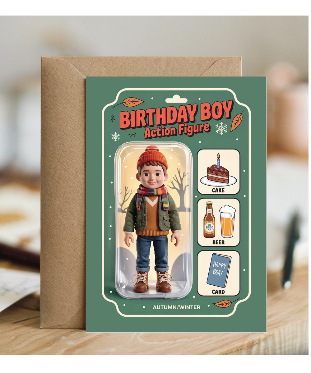 Happy Birthday card autumn and winter birthday boy action figure