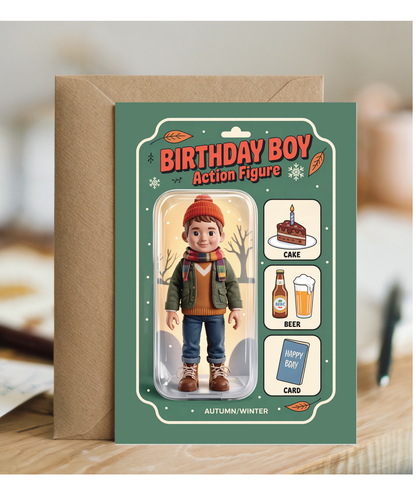 Happy Birthday card autumn and winter birthday boy action figure