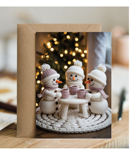 Knitted 3 snowmen drinking hot chocolate