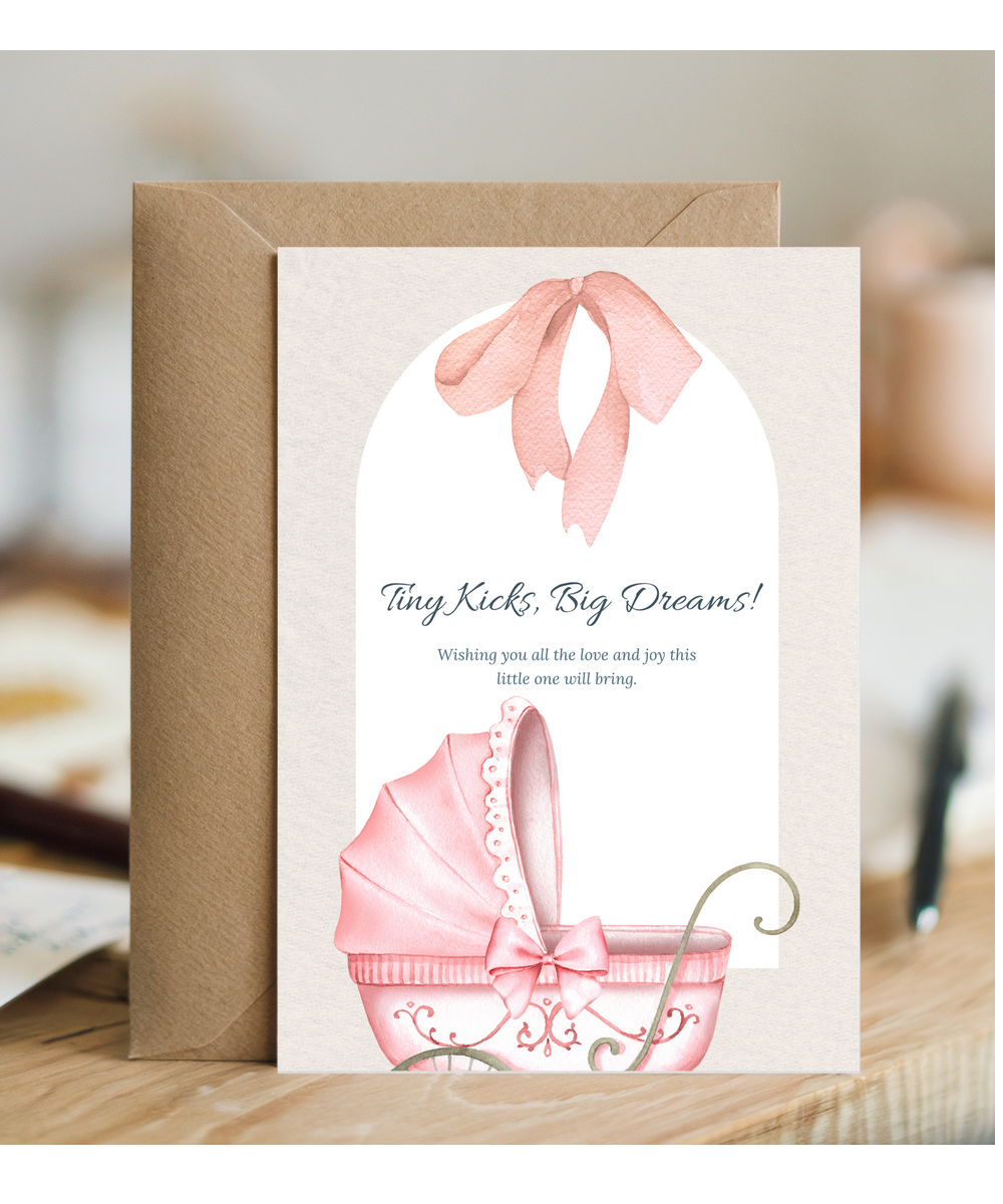 pregnancy card pink tiny kicks, big dreams