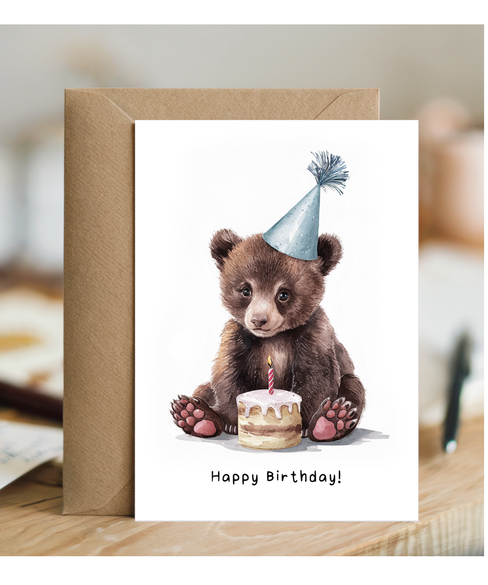 Baby Bear Birthday Card Adorable Animal Watercolour Illustration