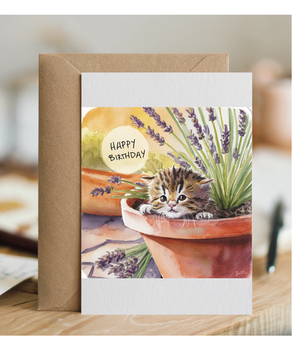 Happy Birthday cute kitten plant pot lavender watercolour