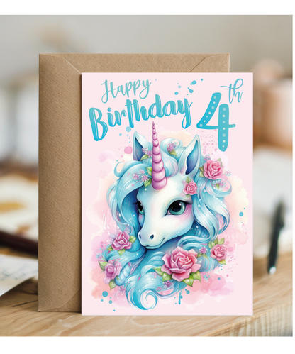 Childrens Magical 4th Birthday Card with Enchanted Unicorn for Granddaughter
