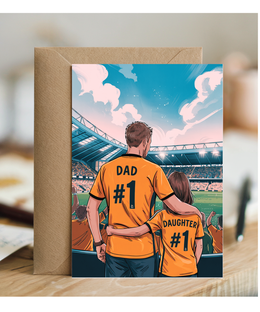 football gold with black number one dad and daughter