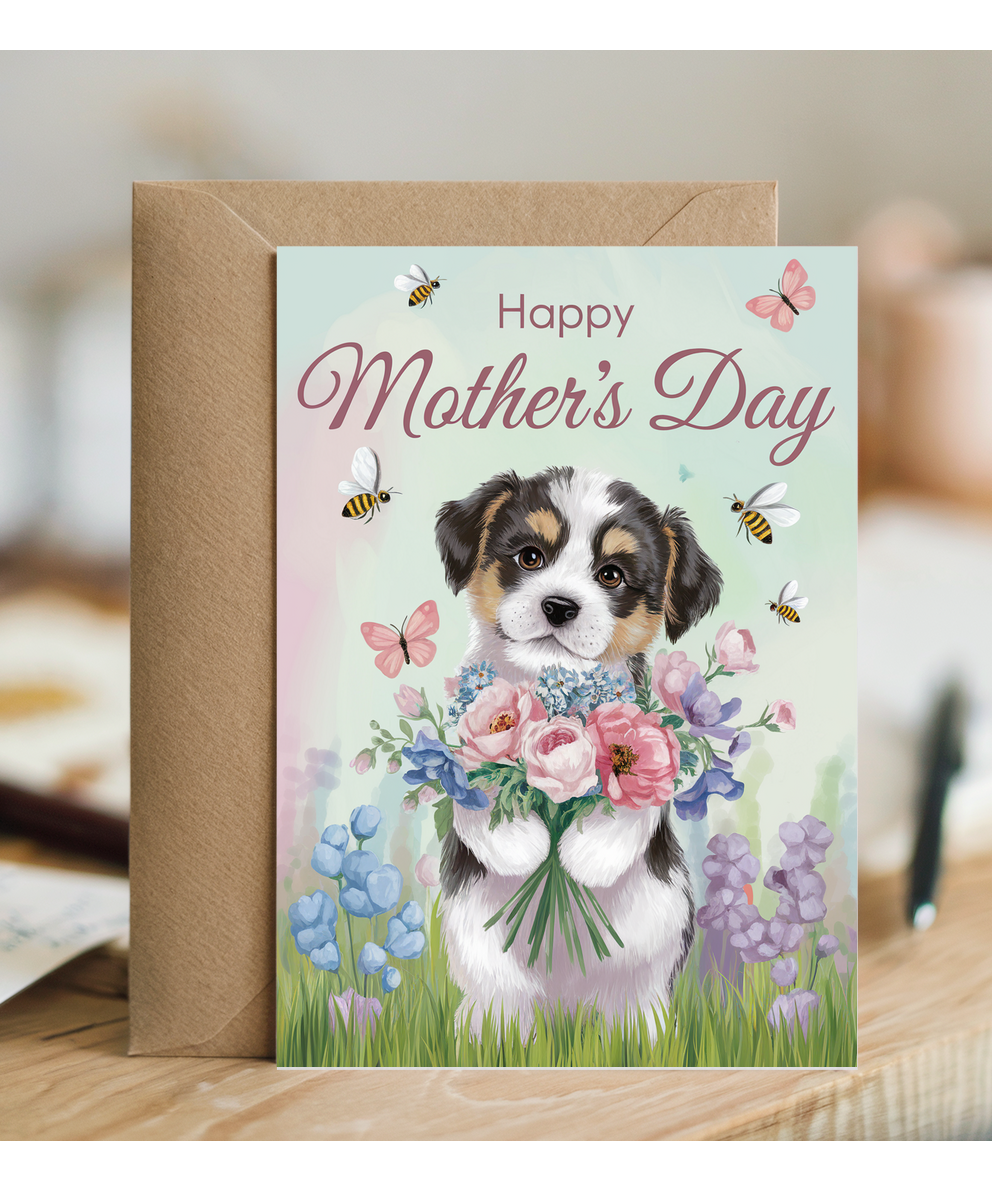 Happy Mother's Day - Puppy with Flowers