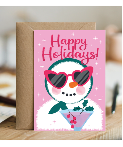 Christmas Card Happy Holidays with Classy Snow Woman and a Cocktail