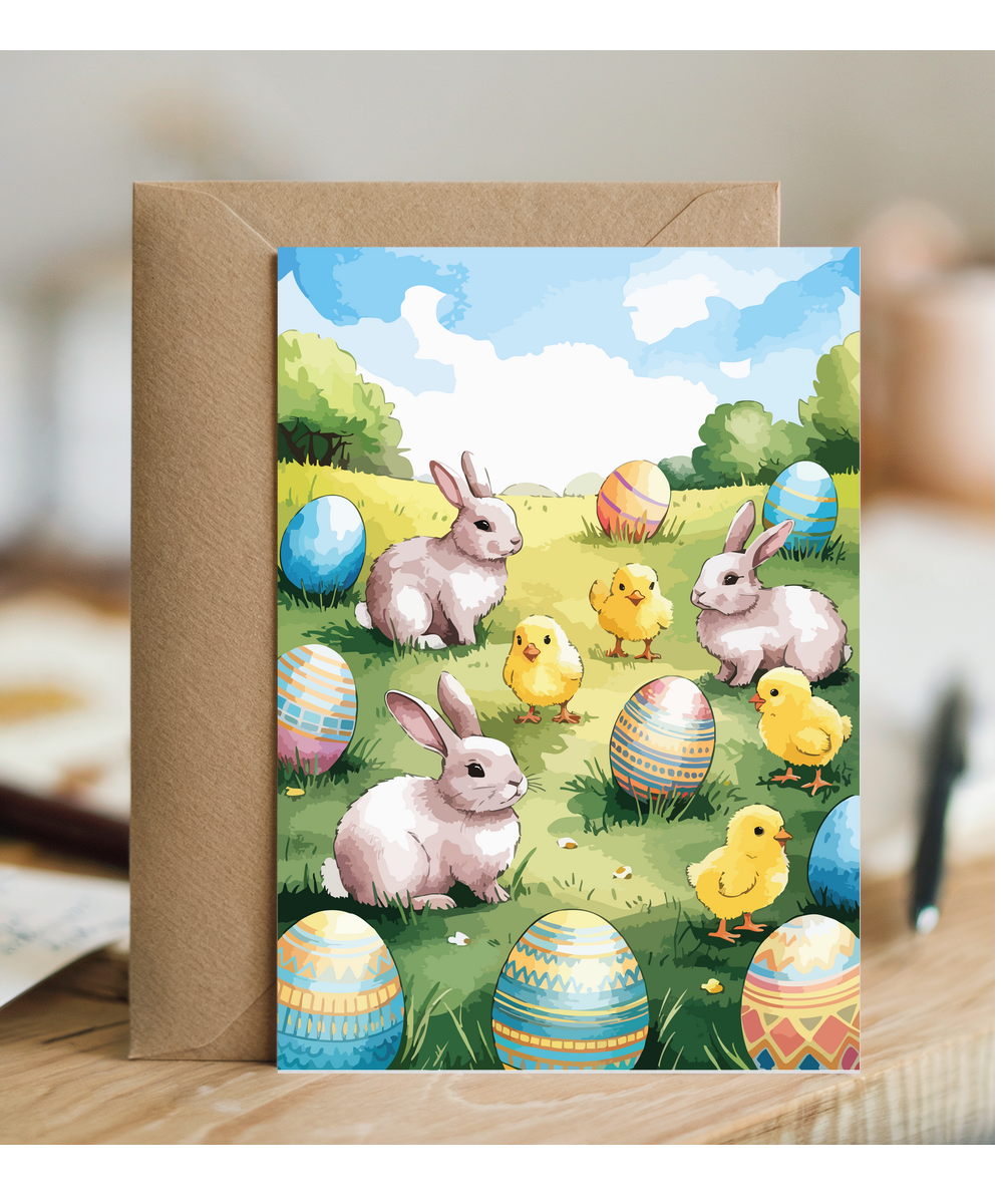 Easter field eggs chicks and bunnies