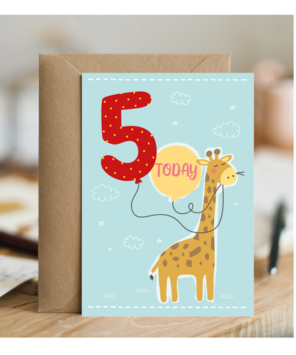 Childrens Birthday Card Five Today Balloon with Cute Giraffe