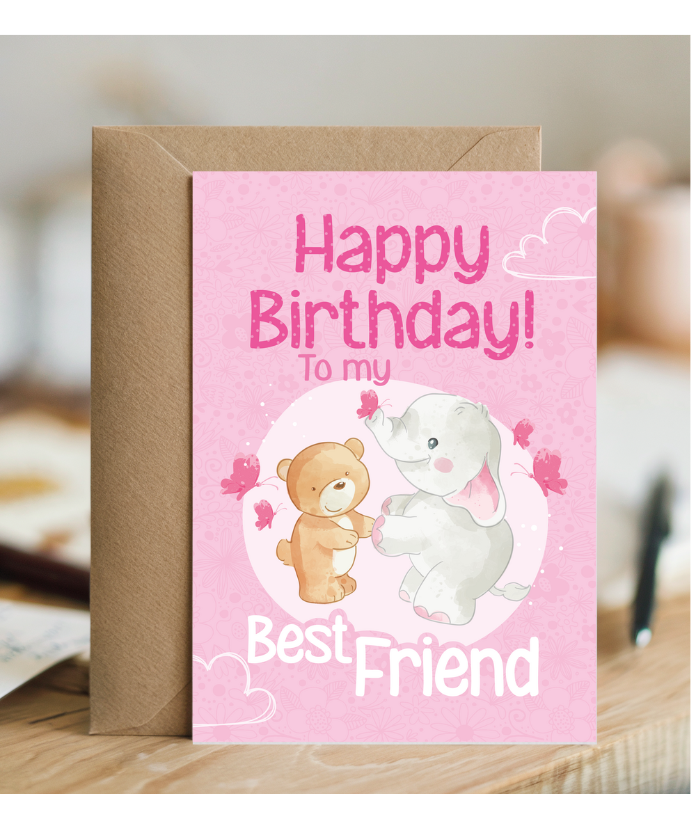 Happy Birthday Card to My Sister Bear and Elephant in Pink