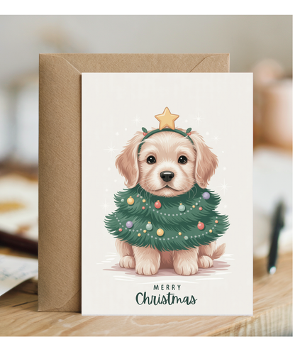 Golden retriever in christmas tree costume