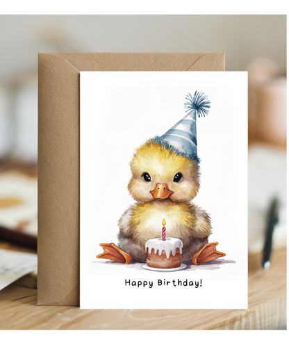 Baby Duck Birthday Card Adorable Animal Watercolour Illustration