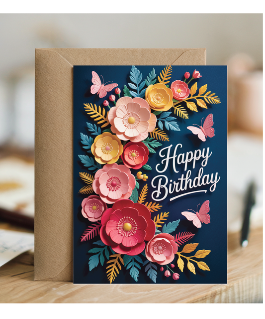3D effect Flowers and butterfly happy birthday