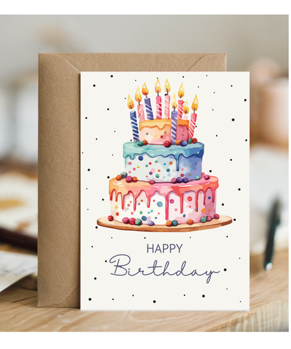 Happy Birthday card Water coloured polka dot cake