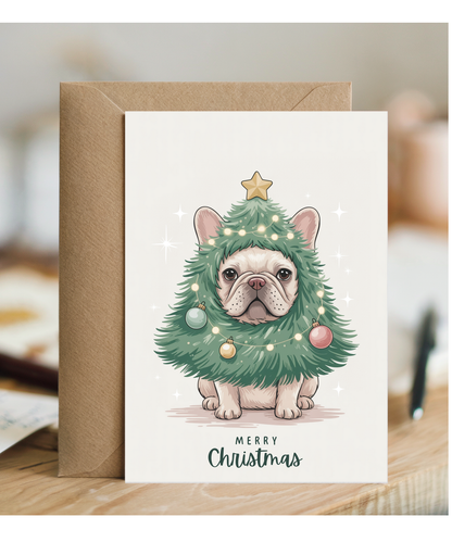 French bulldog in christmas tree costume