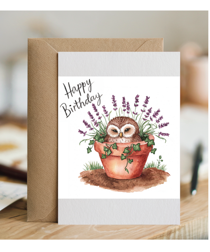Happy Birthday cute owl plant pot lavender watercolour
