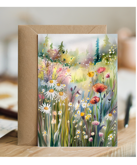 Watercolour meadow filled with wildflowers