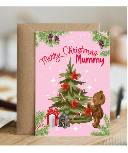 Merry Christmas Card for Mummy from Baby Bear Christmas Tree Decorating