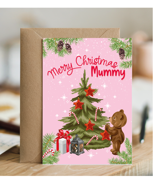 Merry Christmas Card for Mummy from Baby Bear Christmas Tree Decorating