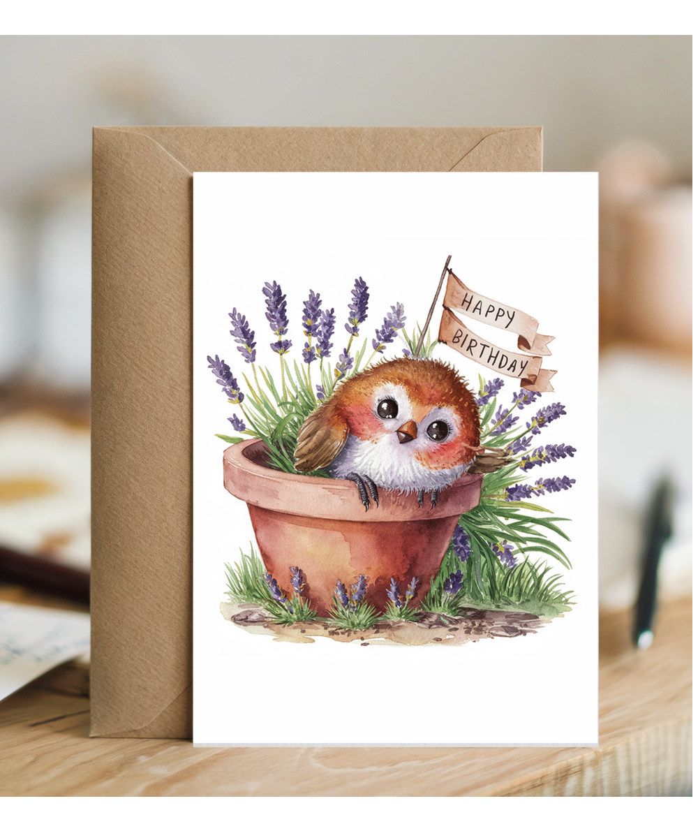 Happy Birthday cute robin plant pot lavender watercolour