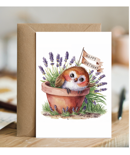 Happy Birthday cute robin plant pot lavender watercolour